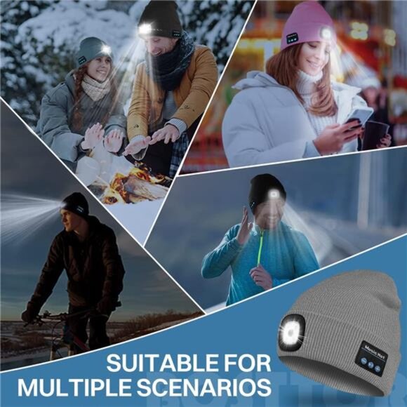 Bluetooth Beanie Hat with Light, Headlamp Cap with Headphones and